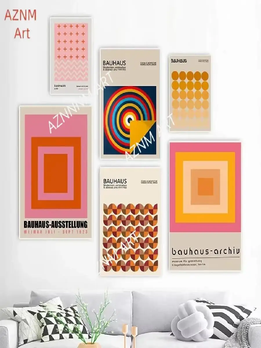 Abstract Pink Orange Bauhaus Geometric Poster Print Picture Nordic Simple Lines Color Block Wall Art Room Canvas Painting Decor