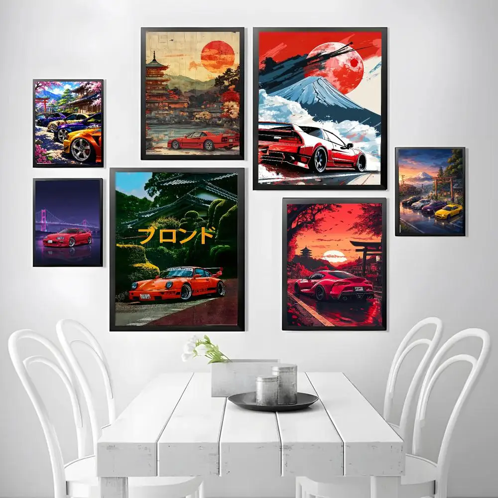 J-Japandi style Sports Car City Poster Stickers, suitable for game rooms, bedrooms, corridors, home wall art decor, gifts