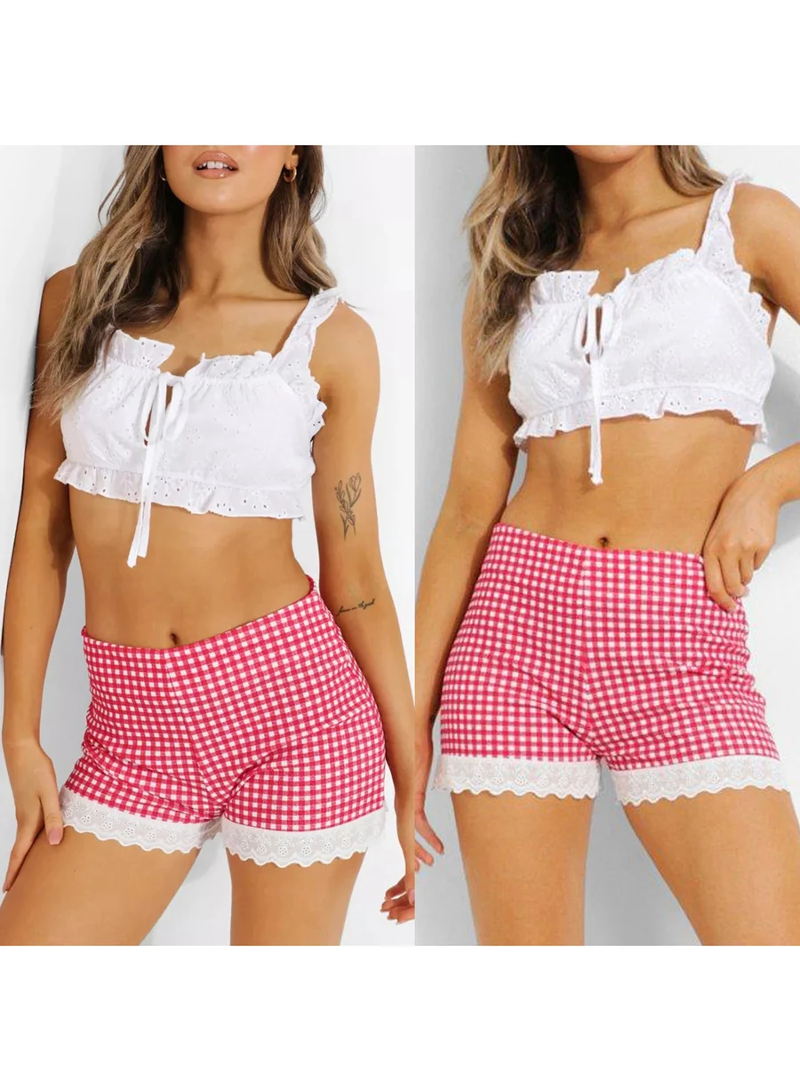 Pantalones cortos informales de cintura alta para mujer, Shorts con estampado a cuadros rojos, informales para vacaciones, playa, club nocturno, ropa de calle para verano