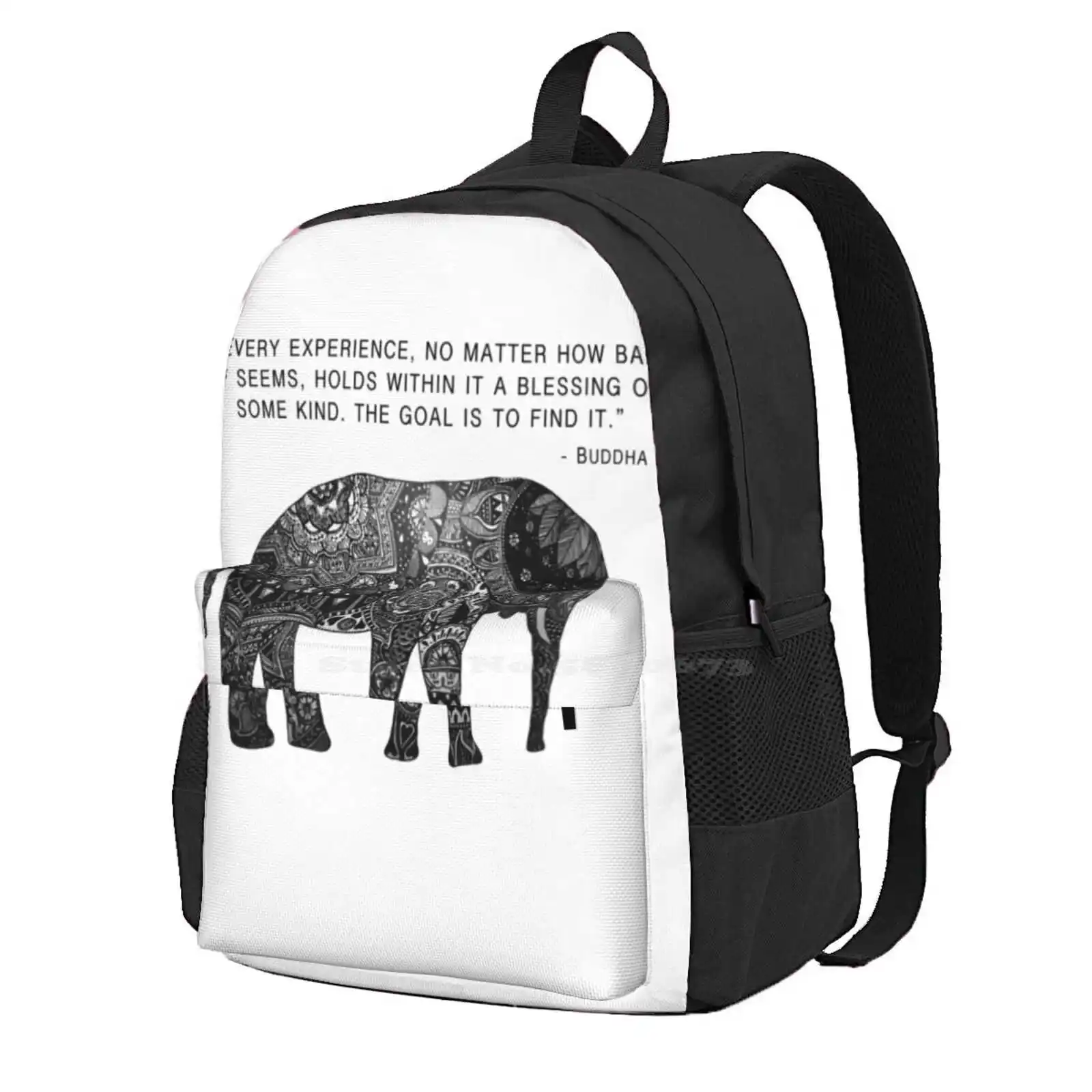 Buddha Wisdom Elephant Hot Sale Schoolbag Backpack Fashion Bags Buddha Elephant Henna Inspirational Quote Blessing Experience