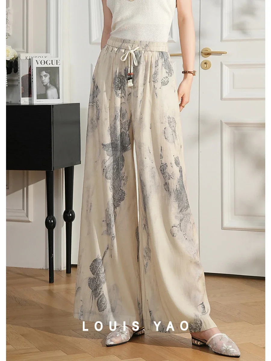 LOUIS YAO Women Wide Leg Pants Retro Style 2024 Summer Chinese Style Loose Straight Trousers Long Casual Long Pants