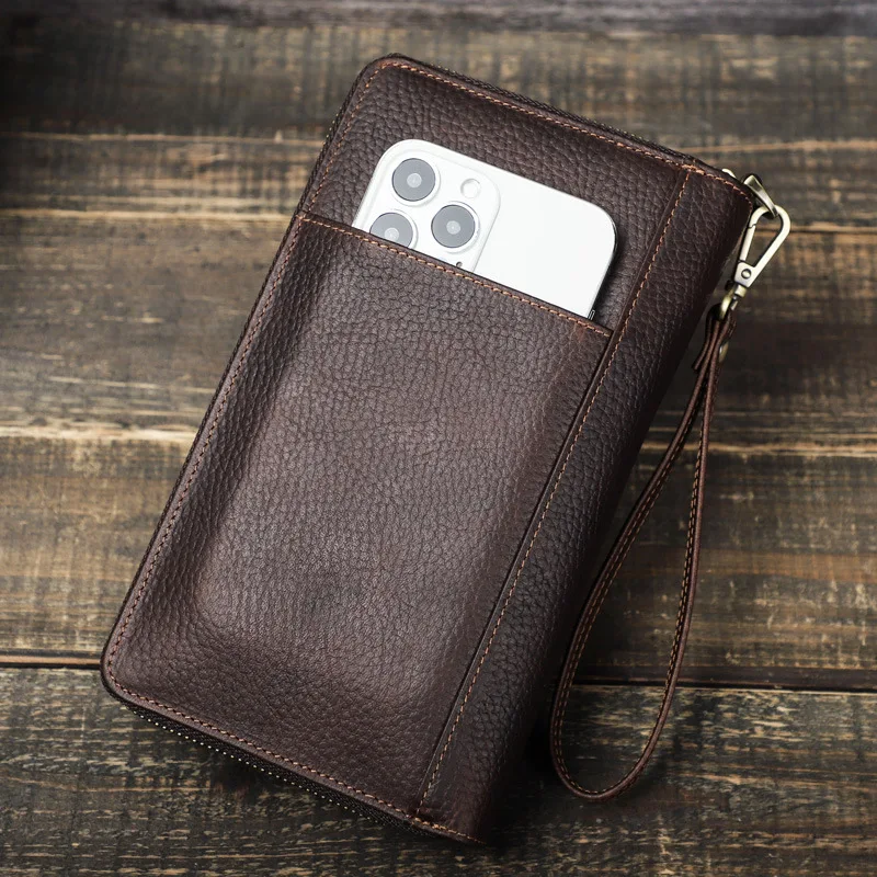 

2026 New Men Clutch Bag Genuine Leather Male Long Wallets Multi Card Holder Double Zipper Large Wallet Bag Passport Cover Purse