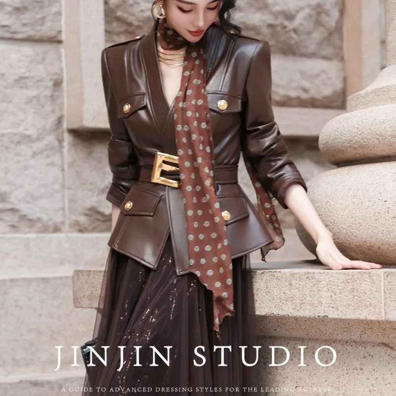 Solid Black V Neck Up Leather Jacket Women's Coat Buttons Decor Waist Tie Belt Slim Fit Long Sleeve Spring Autumn Women's Jacket