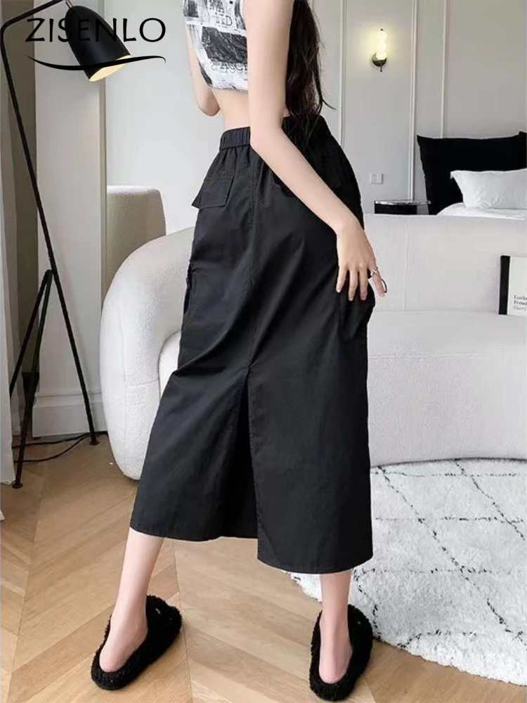 Skirts for Women Spring Summer Drawstring Workwear Half-body Skirt Split Mid-length Skirt Pure Color Package Hip One-Step Skirt