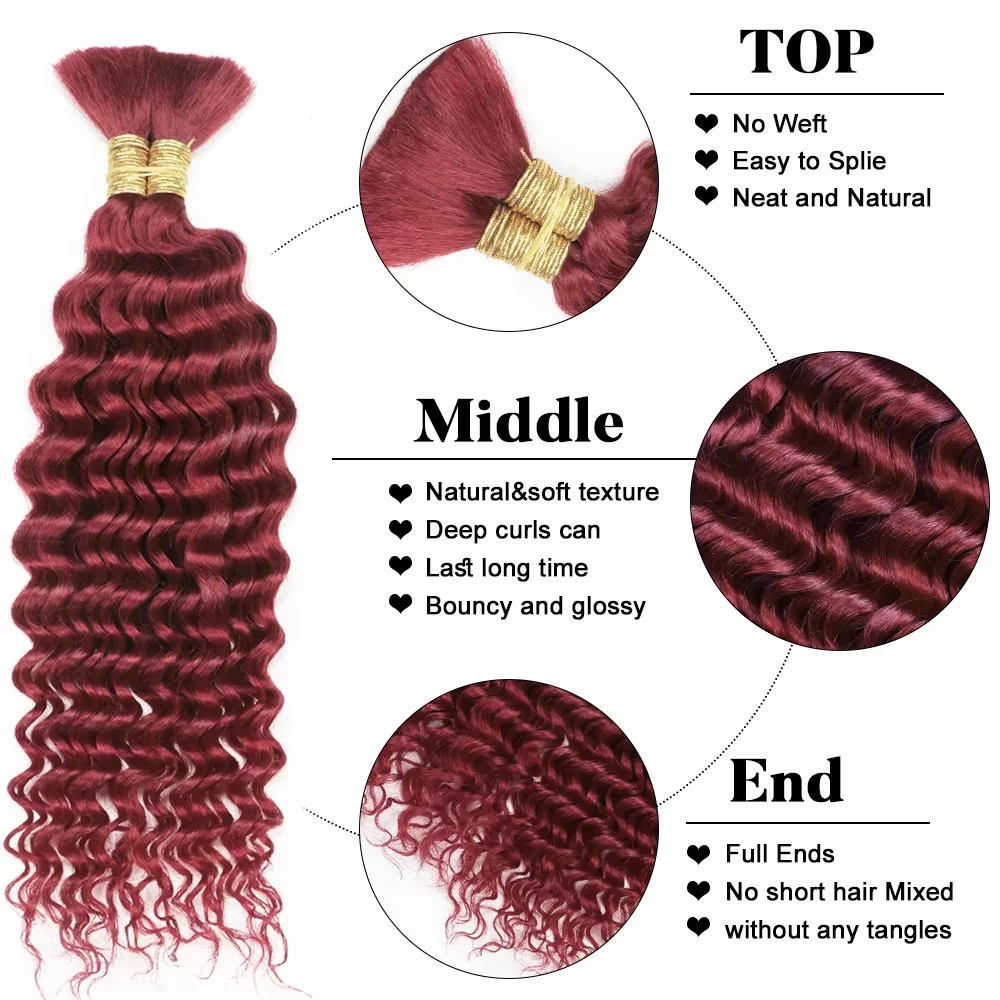 100% cabelo humano para trança onda profunda 99jborgonha boho tranças encaracolado feixes de cabelo humano sem trama pacotes para extensões de cabelo feminino