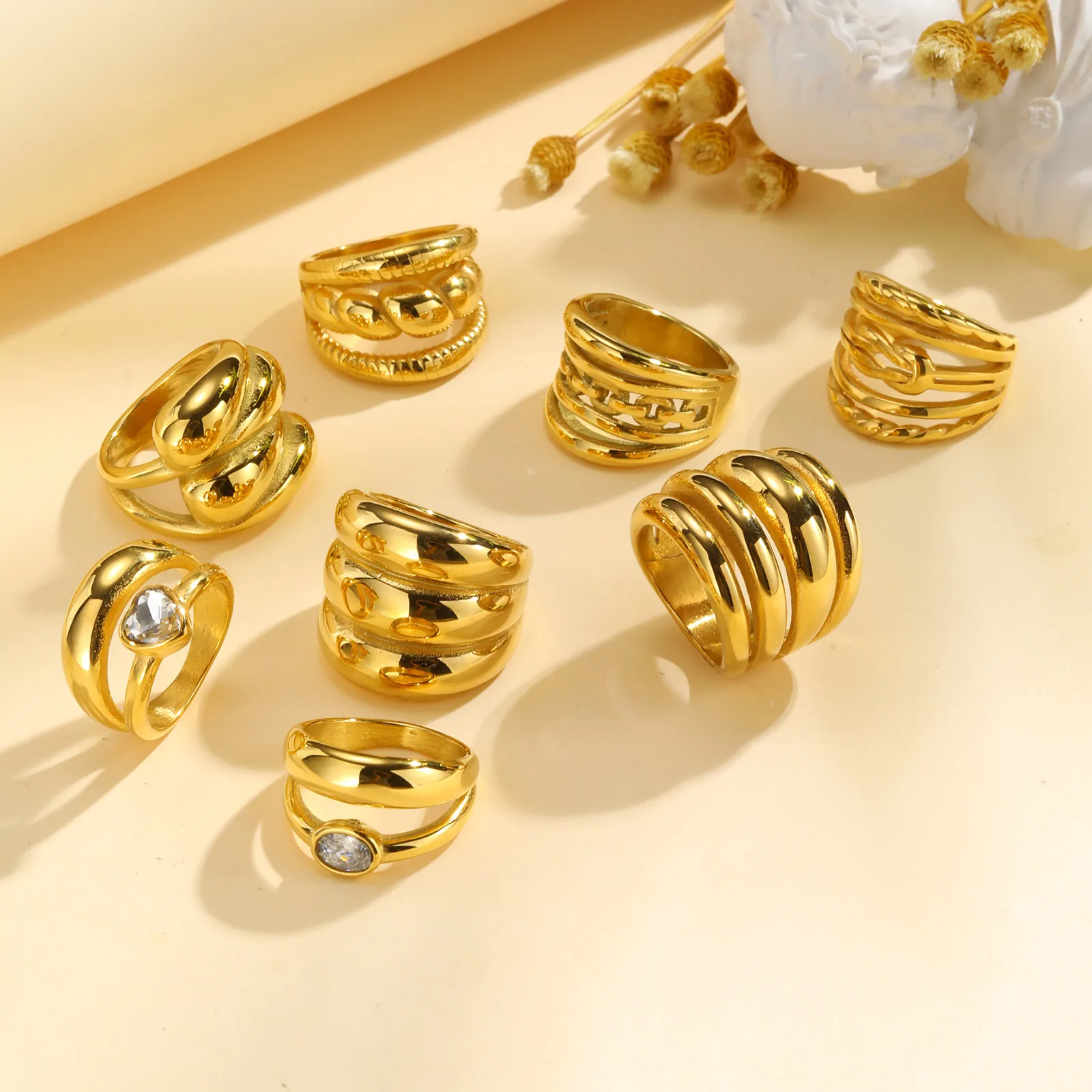 

Double Layer Chunky Ring for Women, Gold Plated Stainless Steel, High Polish Statement Band Radial Ring