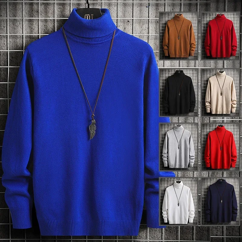 Men Pullovers Knitted Sweaters Turtleneck Solid Tops Thick Casual Full Sleeve Top Knit Splice Sweater  Autumn Winter
