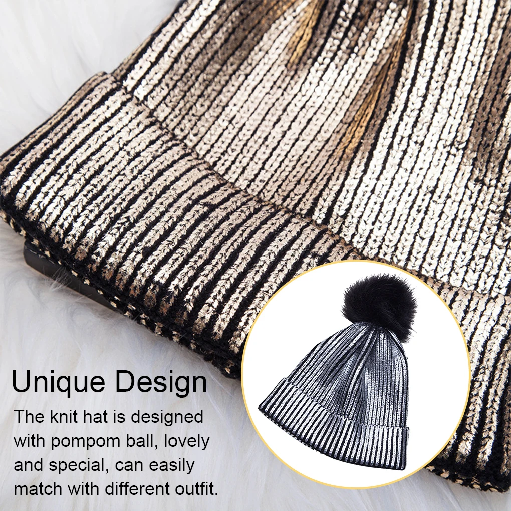 Winter Warmer Metallic Shiny Knitted Fashion Caps Beanies Hats Pompom Outdoor Skullies Accessories for Cycling