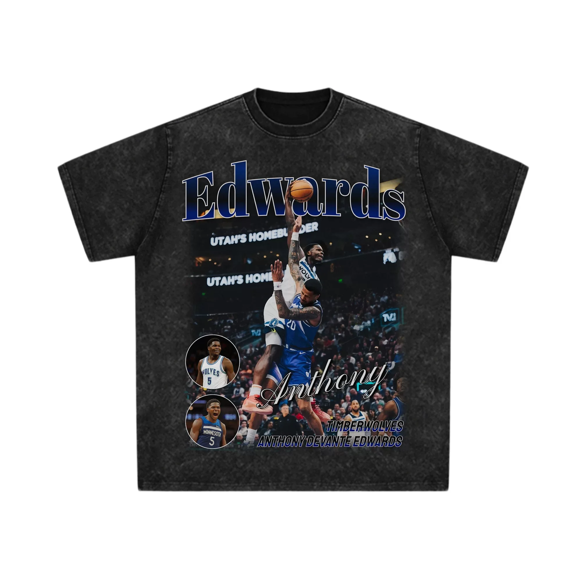 

Баскетбольная футболка Anthony Edwards Acid Wash, хлопковая футболка большого размера с графическим рисунком, высокоэнергетическая наступательная звезда для мужчин и женщин, модная футболка