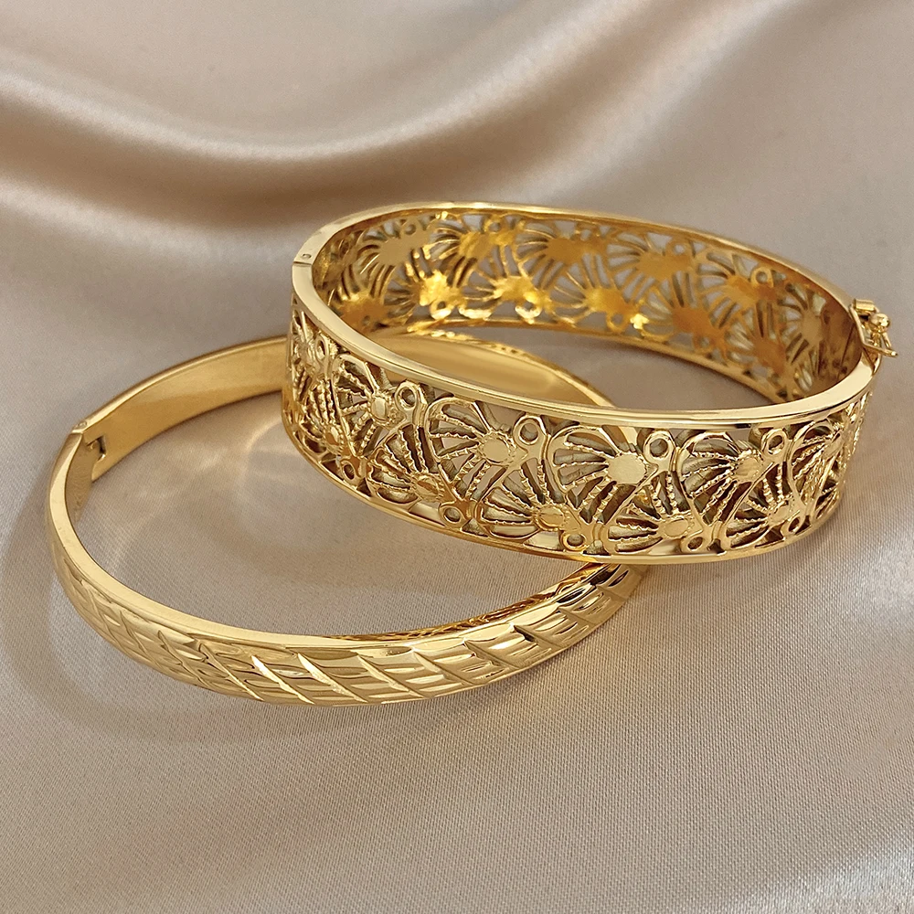 Vintage Hohlmuster Edelstahl-Armband für Damen, Diagonale Gravur, Goldfarben, Wasserdicht, Federarmreif, Zarter Damenschmuck – Detail 6