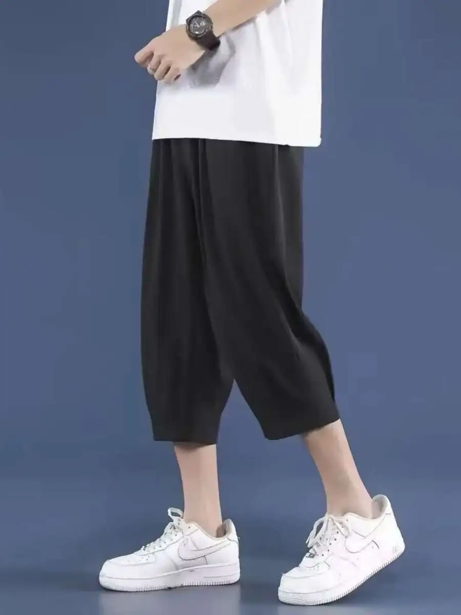 

Men's Summer Ice Silk Thin Casual Loose Lantern Pants Seven-Foot orts Sports Loose Fit Straight Leg mid Waist Belt