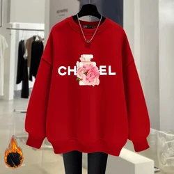 2024 New Spring Autumn and Winter Luxury Brand Printing Fashion Loose Round Neck Pullover Sweater Women's Velvet Thicker