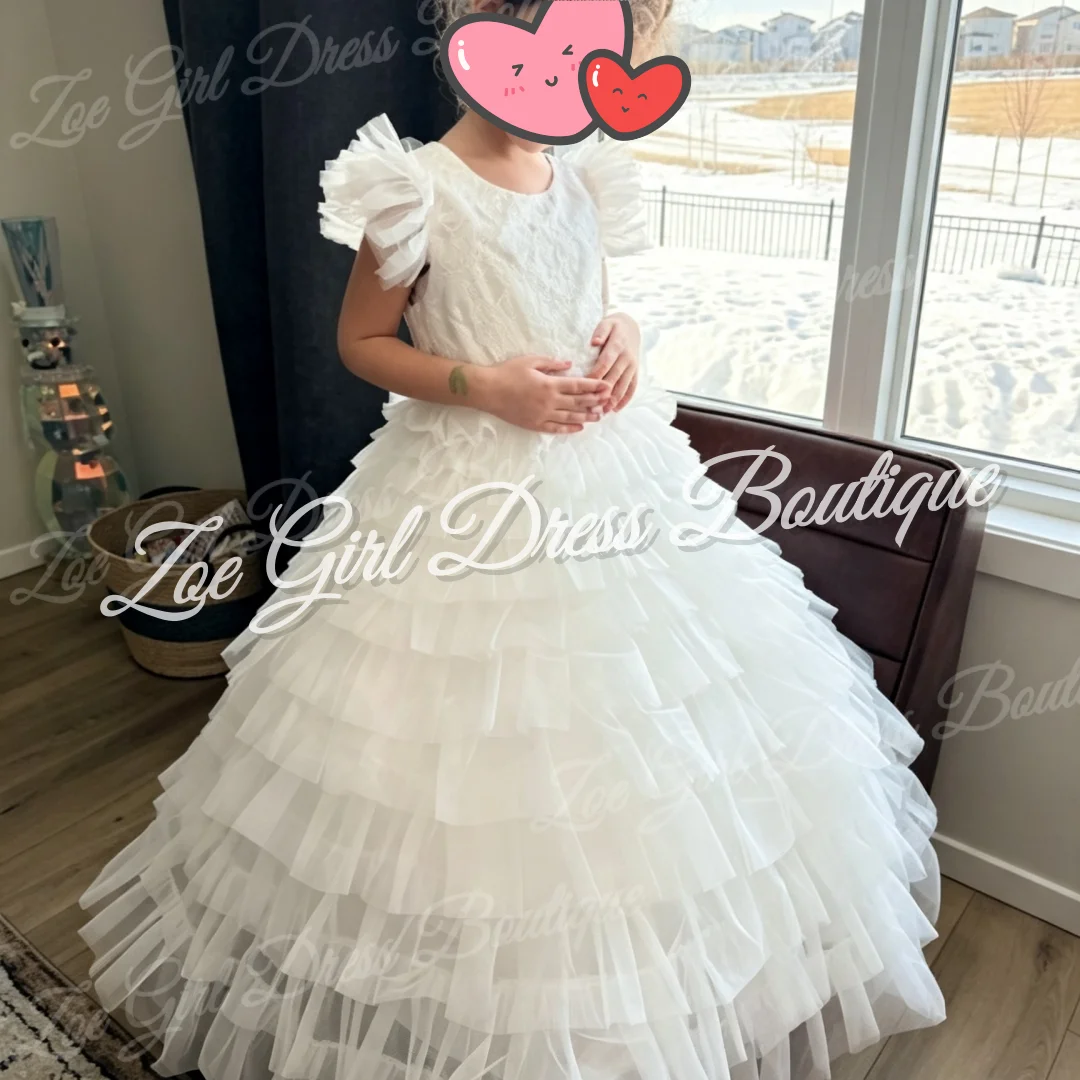 White Round Neck Petal Tulle Sleeve Multi-Layer Ruffle Flower Girls Dresses Wedding Communion Gown Photoshoot Customized