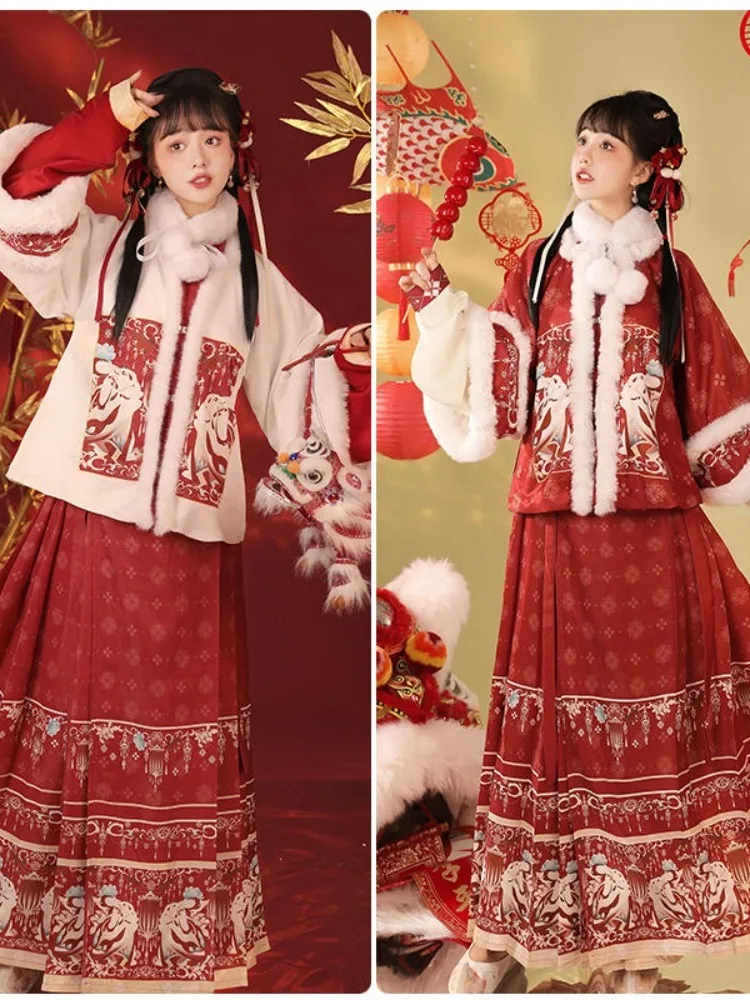 

Winter Edition Ming Dynasty Style Embroidered Moon Rabbit Welcome New Year Women's Hanfu Half Sleeve Face Skirt Set