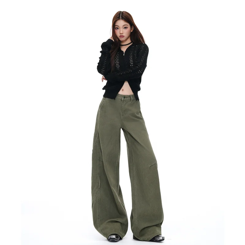 High Waist Wide Leg American Style Jeans Women's Slimming Workwear Casual Floor-Length Pants Military Green Retro Straight Leg