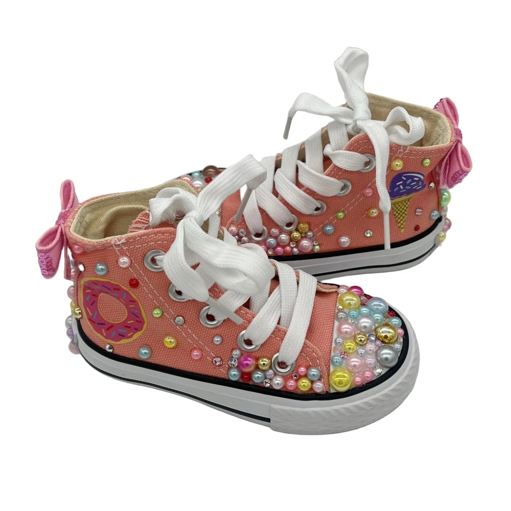 Chaussures Bling en Toile avec Nom et Photo pour Fille, Baskets Bling Faites à la Main avec Perles Arc-en-Ciel, Design Personnalisé pour ixd'Anniversaire