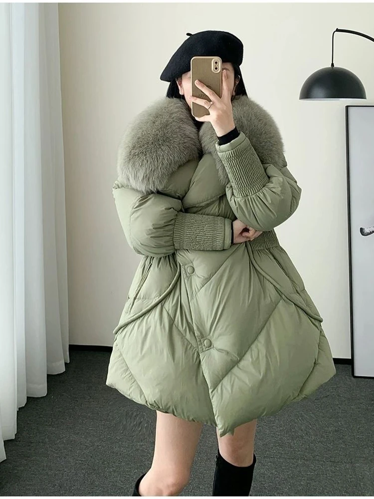 Winter 2024 New Big Fur Collar White Duck Down Puffer Jacket Medium Length Coat for Women Warm Thicken Loose Parka