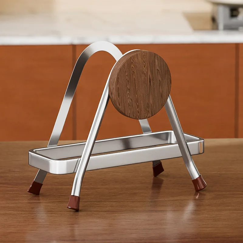 Stainless Steel Cutting Board Rack Beech Wood Drain Pot Lid Holder Kitchen Countertop Storage
