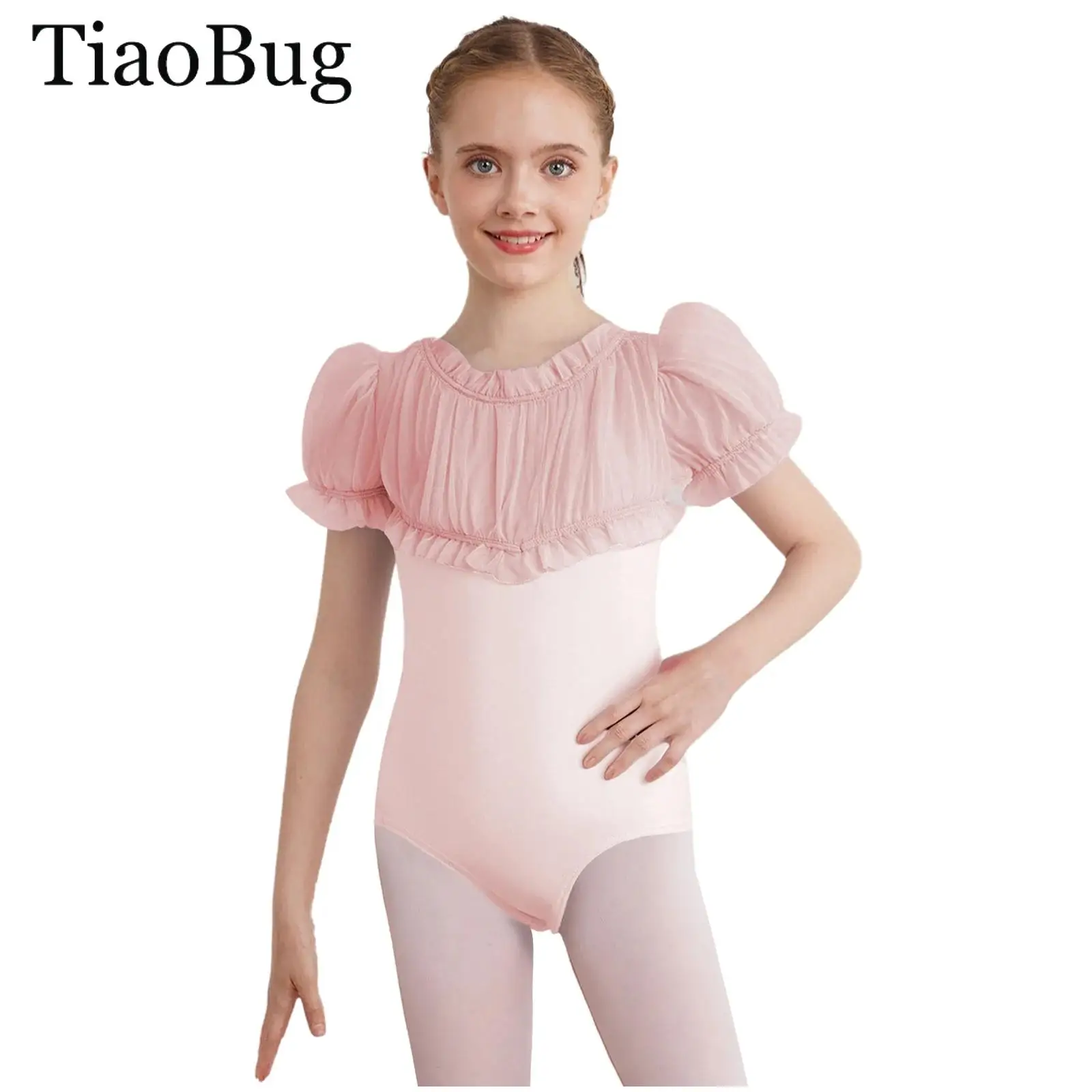 

Kid Girls Gymnastics Ballet Dance Leotard Short Puff Sleeves Cutout Back Ruched Sheer Mesh Ballerina Bodysuit Practice Dancewear