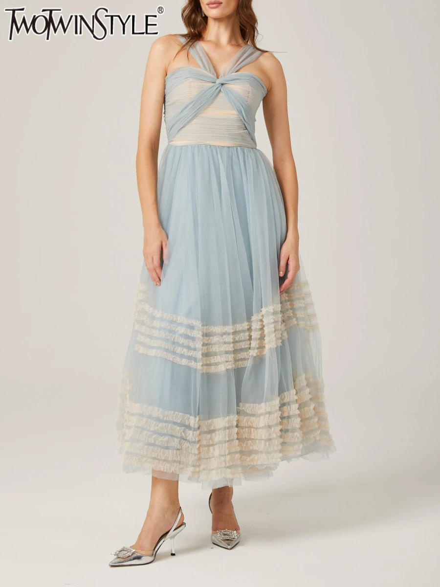

TWOTWINSTYLE Утягивающие сетчатые платья миди с цветными блоками для женщин, лоскутное платье без рукавов со складками, женская одежда