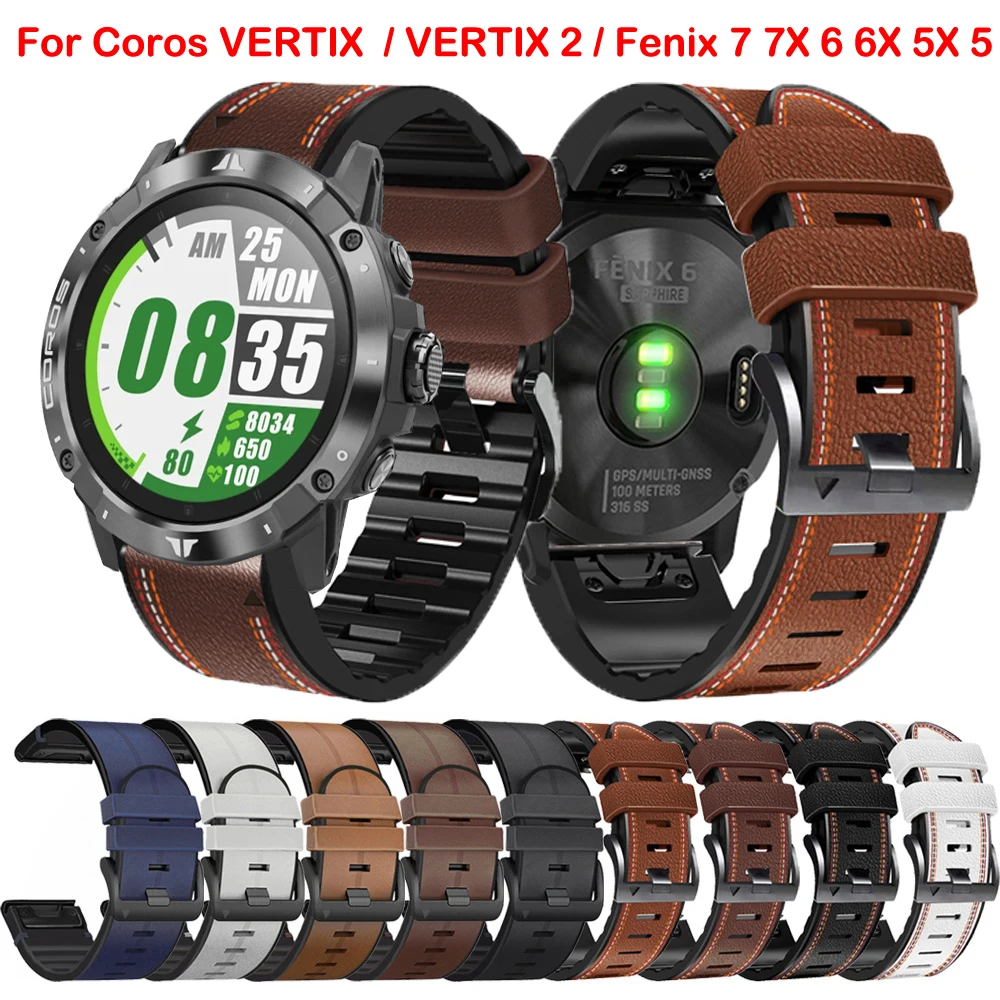 22mm 26mm Silicone + Leather Watchband For COROS VERTIX 2 Wrist Strap Bracelet For Garmin Fenix 6X 6 7 7X 5 5X Correa