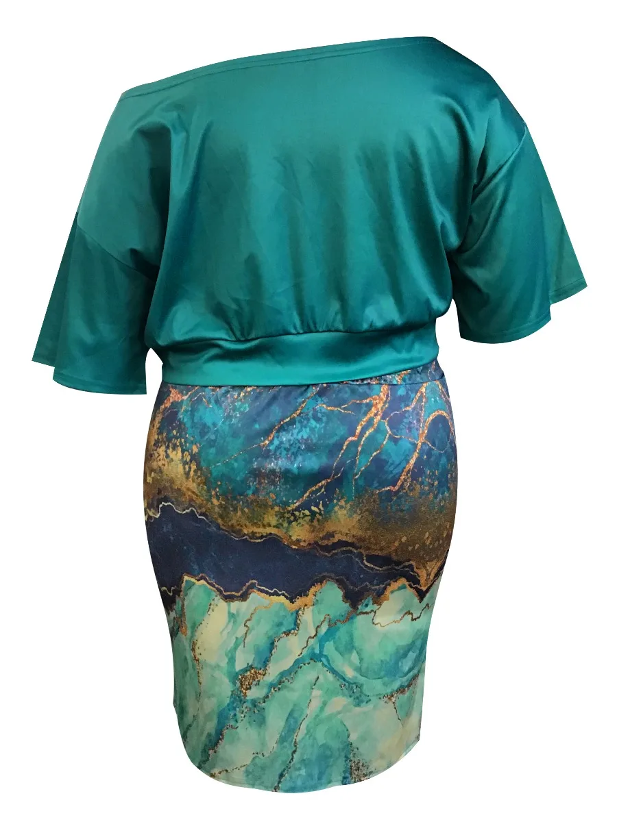 LW Multicolor Two Pieces Dresses Suits BASICS Mixed Print Elegant 2pcs Matching Outfits One Shoulder Top&Drawstring Slit Skirt