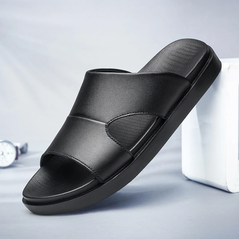 Fashion Black Comfortable Non Slip One Line Dragging Head Layer Brand Men's Breathable Outdoor Coolers Classic Leather Slippers