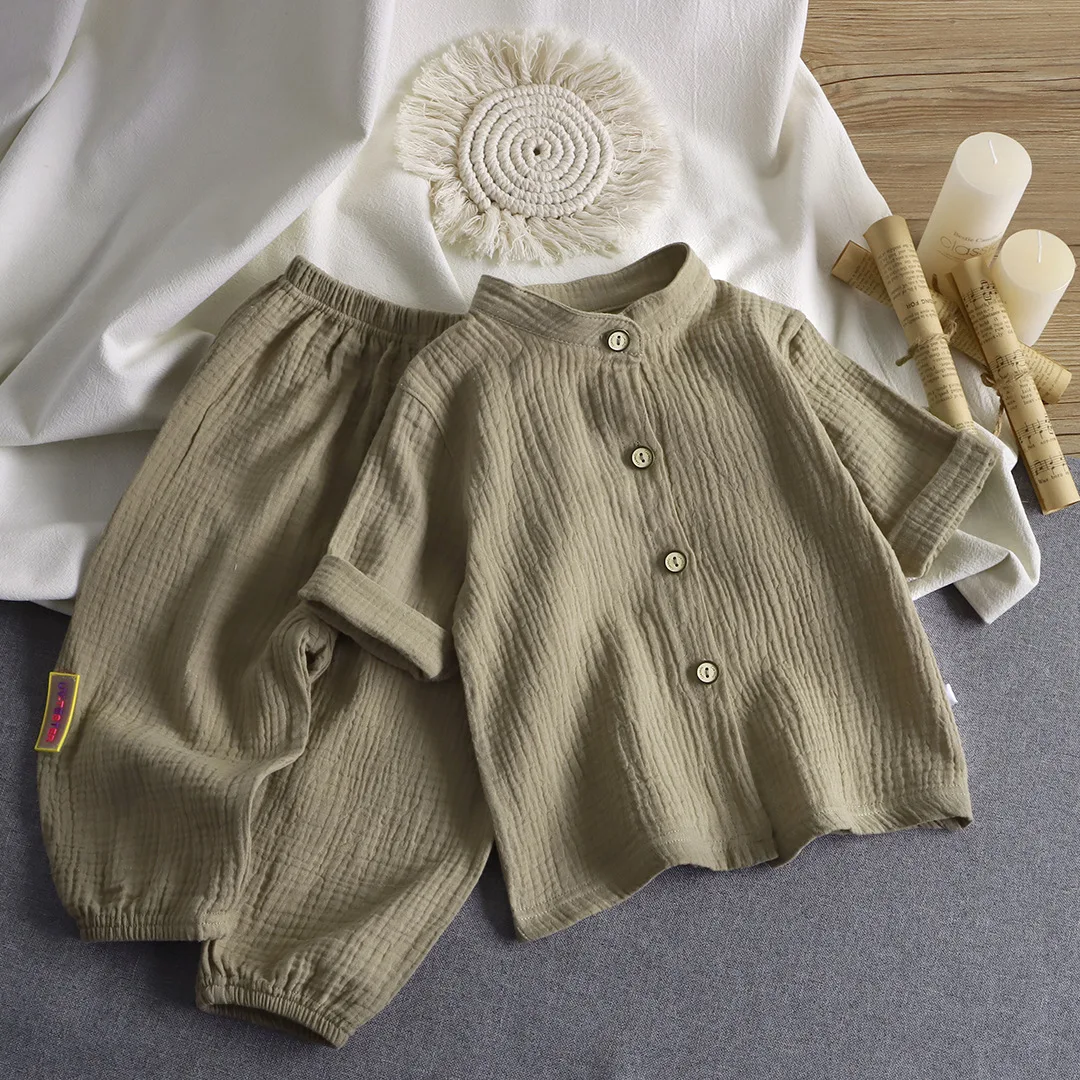 2-piece Set of Children's Stand Collar Solid Cotton Set Kids Boy Homewear Clothes Children Clothing Casual Long Pants Set Daily