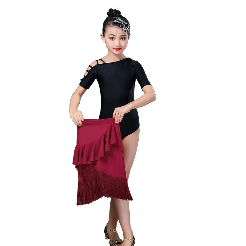 Vestido latino com lantejoulas com franjas para crianças, performance de palco, vestido de competição para meninas