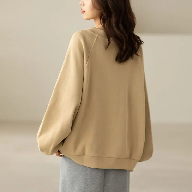 Spring Autumn Solid Color Pure Cotton Oversized Korean Style Sweatshirts Women Long Sleeve Loose Casual Lady Tops Chic Pullover