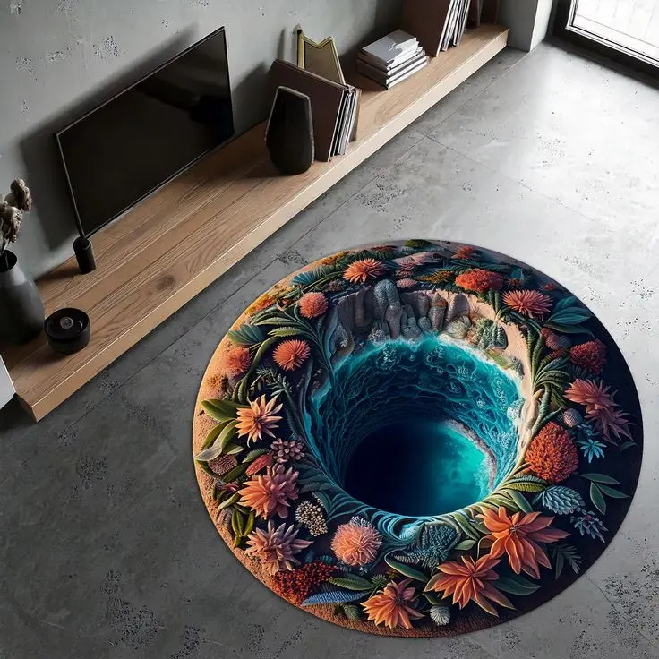 3D Illusion Round Rug – Fantasy Eye, Ocean Vortex & Koi Pond Art Design for Modern Home Decor