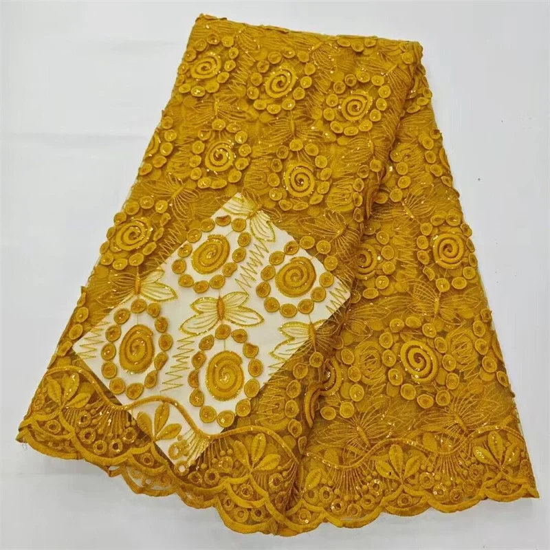 Yellow 2024 Latest Gold French Nigerian Lace Fabric High Quality Sequins Tulle African Lace Fabric Cheap Lace Wedding Tulle Lace