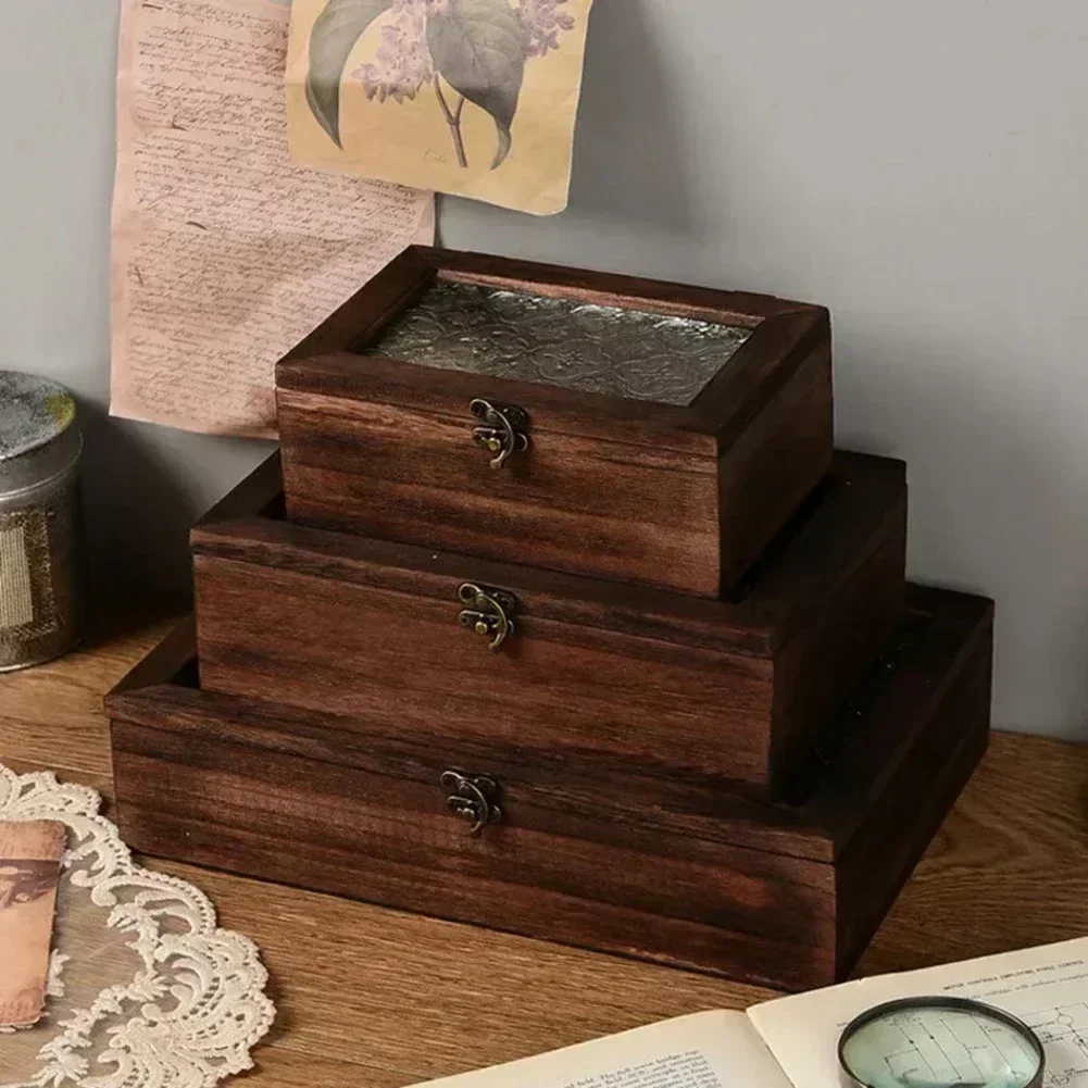 1x Haitang Flower Glass Storage Box Vintage Solid Wood Storage Cabinet Desktop Sort Flip Wooden-BOX Makeup Table Decoration//