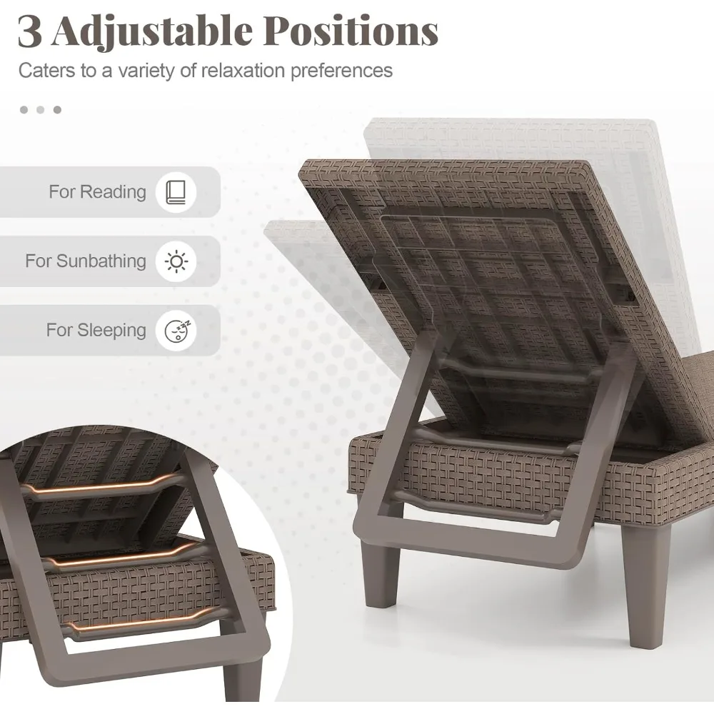 Outdoor Chaise Lounge Chair Rattan Recliner Lounger with Removable Cushion & 3-Level Adjustable Backrest, Patio Tanning Chair