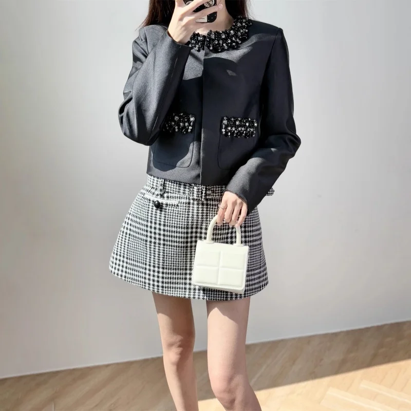 Manteau court épais à col rond pour femme, clouté de diamants, y2k, haute qualité, mode, veste droite de rue, nouvelle collection automne 2025