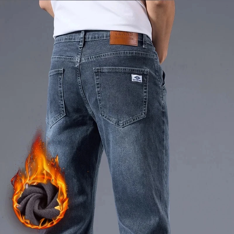 Winter Fleece Männer Jeans Dicke Stretch Business Casual Hosen Klassische Lose Gerade Warme Samt Denim Hosen Büro Täglichen Verschleiß