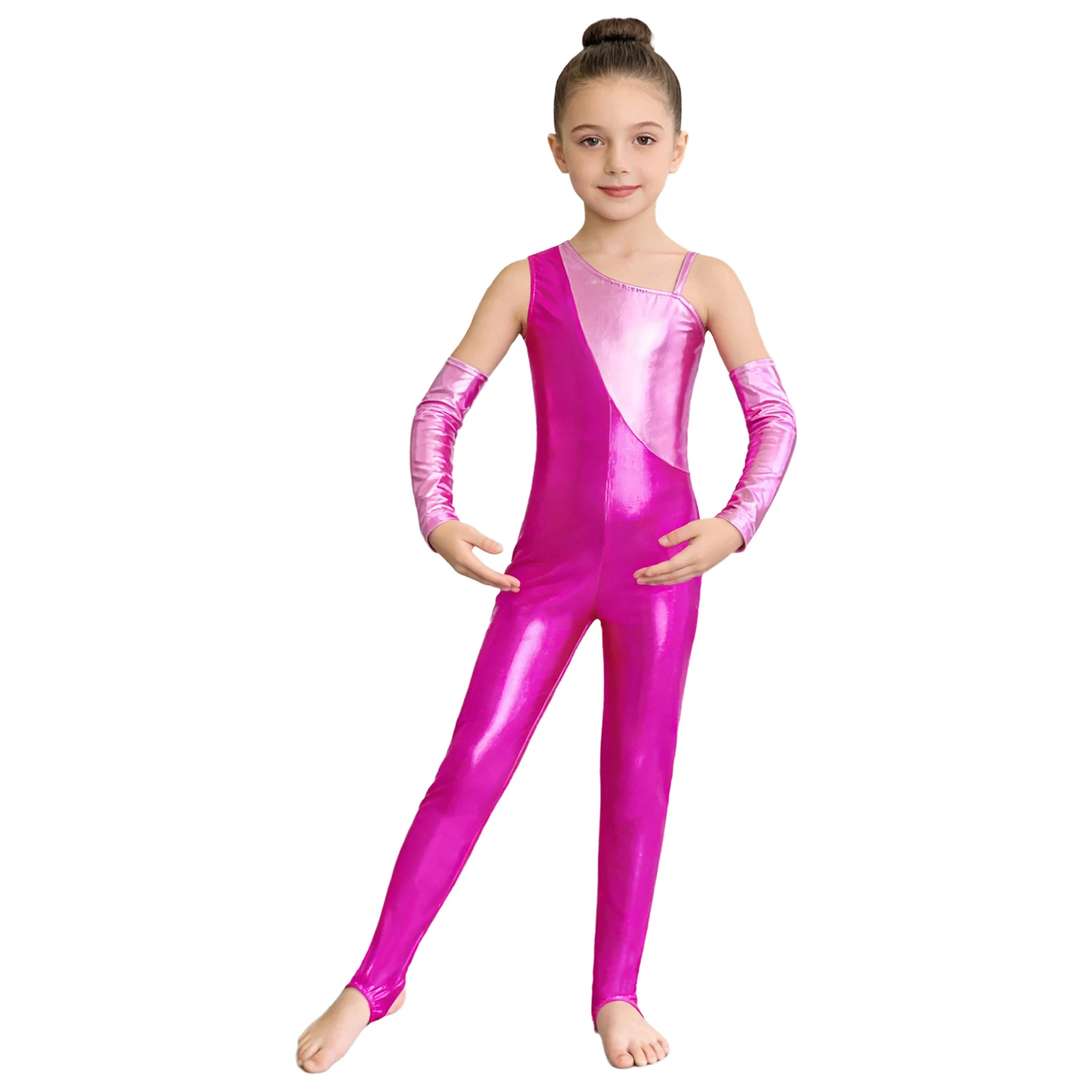 

Kids Metallic Sleeveless Dance Suit Stirrup Bodysuits Catsuits Unitards Girls Gymnastics Leotard Figure Skating Ballet Clothes