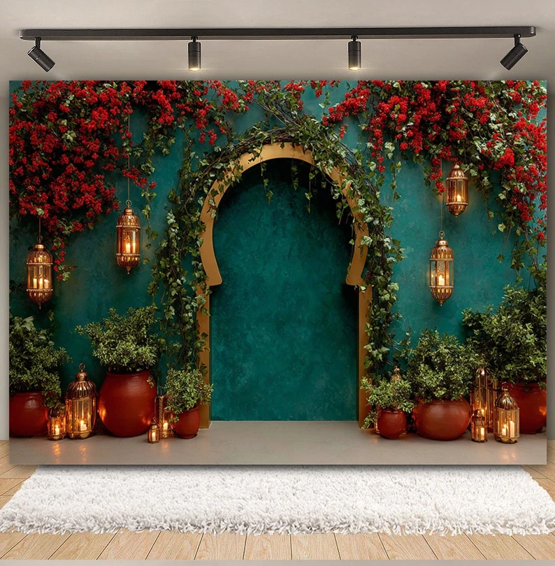 Eid Mubarak Photography Backdrop Moroccan Medieval Palace Mosque Flower Lamps Wedding Bride Shower Portrait Photo Background