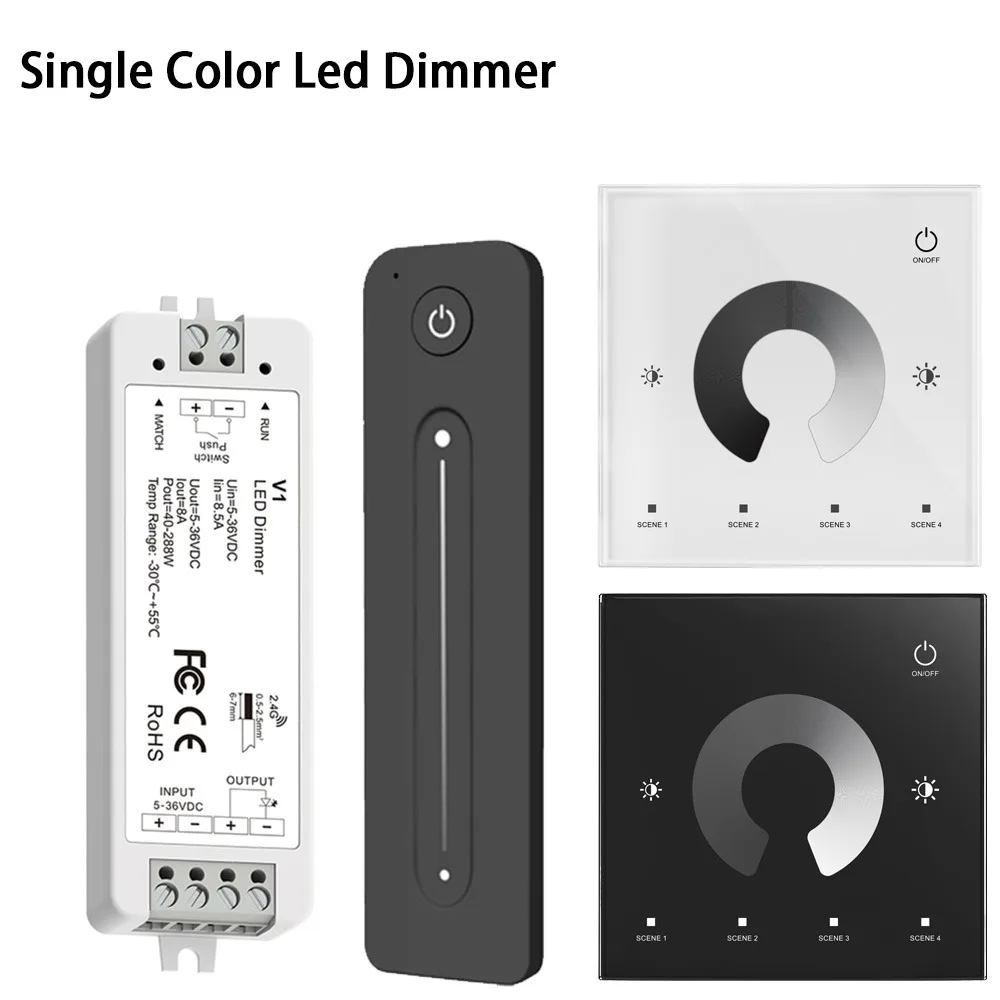 Imagem -02 - sem Fio Led Interruptor Controlador Dimmer e Toque rf Remoto Única Cor Cob Escurecimento Led Strip v1 Dc5v 12v 24v 8a Pwm 5050 3528