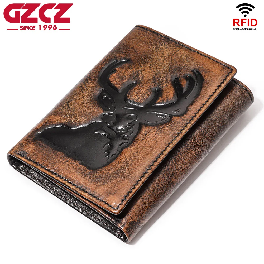 GZCZ 100% Genuine Leather Wallet For Men Trifold Slim Credit Card Holder Purse With ID Window Fashion Male Front Pocket