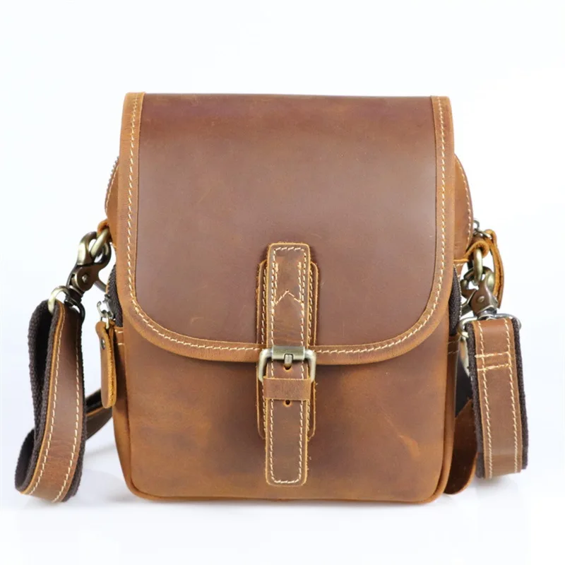 Leather men's  vertical  cover type first layer cowhide Crazy Horse leather crossbody shoulder  retro small bag