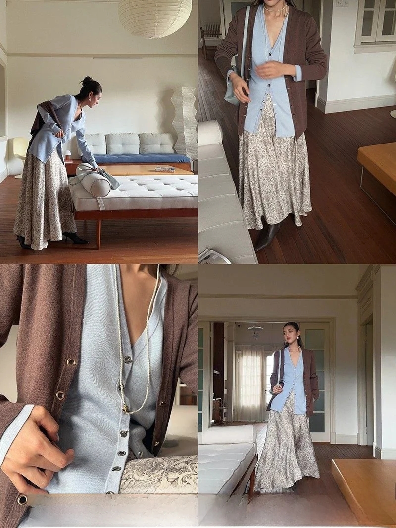 

Вязаный кардиган Ele Evolution Long Open с модным декором из отверстий, синий, из шелка и шерсти, женский, Зима 2025