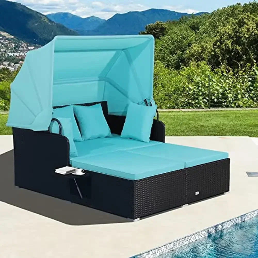 Patio Rattan Daybed Retractable Canopy Wicker Sun Lounger Foldable Side Panels Thick Cushions 58