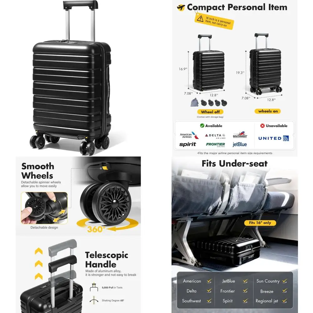 

Легкий 16-дюймовый чемодан-спиннер с твердым корпусом и замком TSA, одобренный авиакомпанией, прочный материал ABS для путешествий