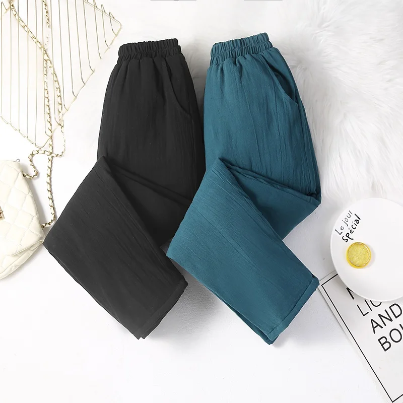 Women's Retro Cotton Linen Casual Thickened Warm Winter Long Pants High Waist Cotton Filled Outerwear Non-removable Inner