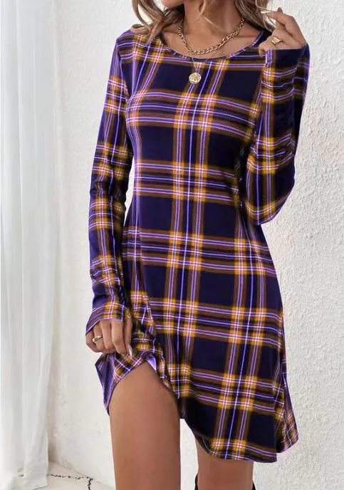 2025 moda transfronteiriça europeia e americana em torno do pescoço saia de manga comprida vestido estampado xadrez cw22524