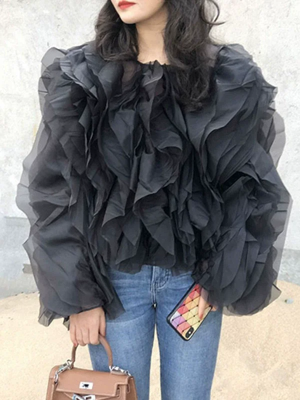 

Vintage Patchwork Ruffle Shirt For Women O Neck Lantern Long Sleeve Solid Elegant Blouse Female Fashion New Style