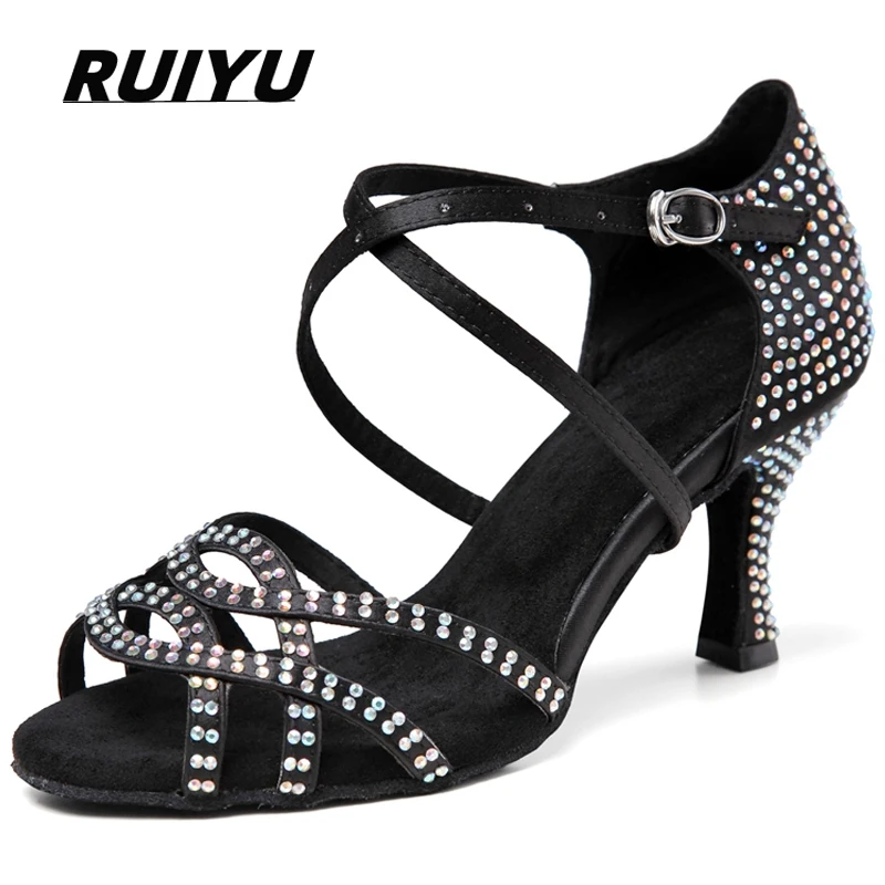 New Latin Dance Shoes Women\'s Salsa Tango Ballroom Party High Heels Rhinestones Skin Color Black Women\'s Shoes Summer Sandals