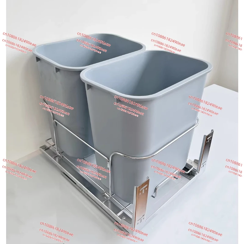 Kitchen with cover hiding embedded high body shallow narrow garbage bucket pull sorting cabinet built-in pull basket storage