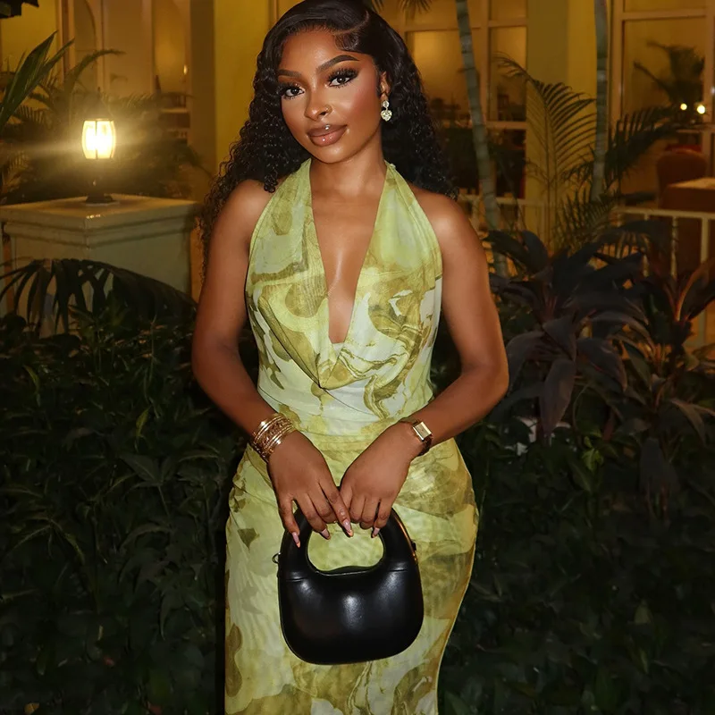 Vestidos largos ajustados con cuello Halter y estampado de moda para mujer, vestido Sexy elegante a la cadera con cola de pez, Vestidos de fiesta para graduación, nueva mujer